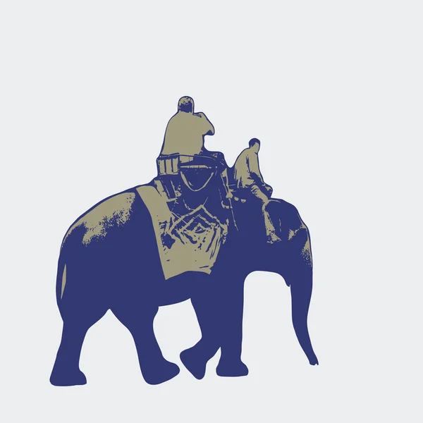 Elephant Trekking Traveler Ride Elephant Elephant Driver Blue Brown Silhouette — Stock Vector