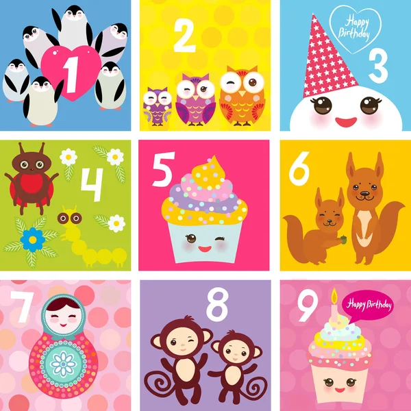 Happy Birthday Card Design Kawaii Cupcake Squirrel Ladybug Monkey Matryoshka — Stock Vector