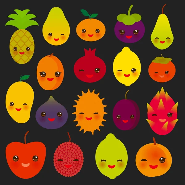 Jeu Mignon Drôle Fruit Kawaii Poire Mangoustan Mandarine Ananas Papaye — Image vectorielle