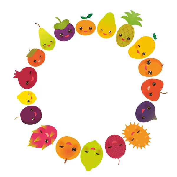 Ronde Frame Leuke Grappige Kawaii Fruit Pear Mangosteen Tangerine Ananas — Stockvector