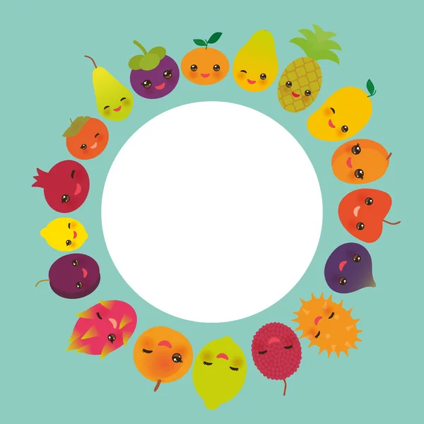 Cadre Rond Mignon Drôle Fruit Kawaii Poire Mangoustan Mandarine Ananas — Image vectorielle