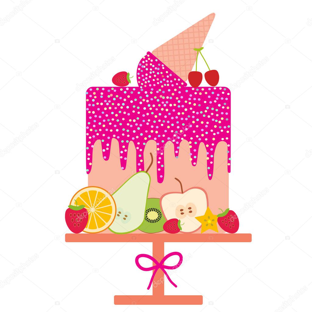 Card design - Birthday, valentine's day, wedding, engagement. Sweet cake, pink Ice cream waffle cone, pink icing sprinkles, fruit, pastel colors on white background. Vector illustration