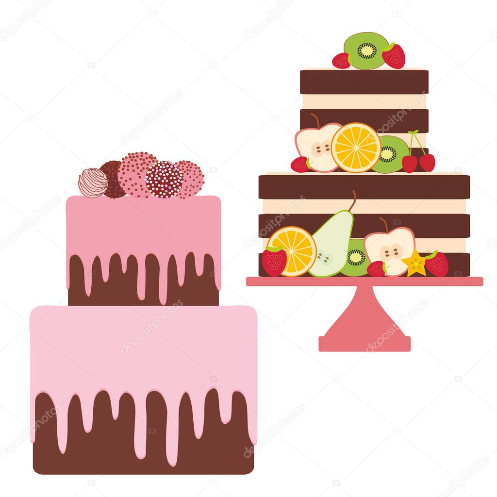 Birthday, valentine's day, wedding, engagement. Set cake, strawberry pink cream chocolate sprinkles, cake pops, cake decorated with fresh fruits berries, pastel colors on white background. Vector illustration