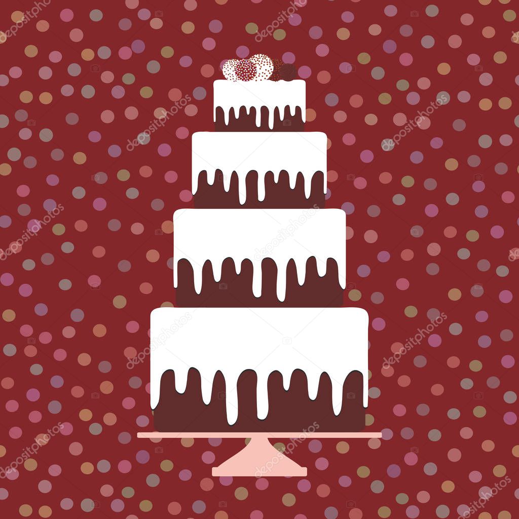 Card design - Birthday, valentine's day, wedding, engagement. Sweet cake, white cream chocolate cake, cake pops, pastel colors on brown polka dot background. Vector illustration
