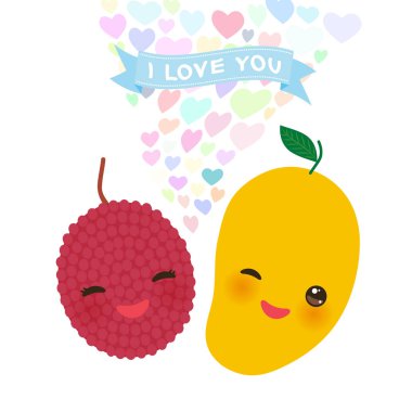 Seni kart tasarımı Kawaii lychee ile ve mango kırpışan gözleri, beyaz arka plan üzerinde pastel renkler ve pembe yanakları seviyorum. Vektör çizim