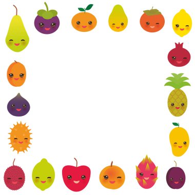 kare kare şirin komik kawaii meyve armut Mangosteen mandalina ananas papaya Trabzon hurması nar kayısı Erik dragon meyve incir mango şeftali limon lychee elma kiwano beyaz izole limon. Vektör çizim