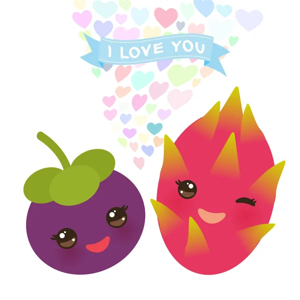 Kocham Cię Karta Projekt Mangostan Kawaii Oczy Owoc Smoka Różowymi — Wektor stockowy