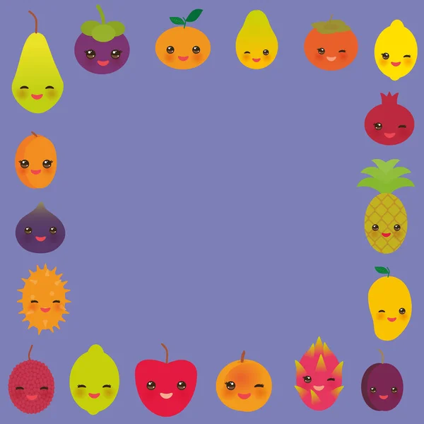 Cadre Carré Mignon Drôle Fruit Kawaii Poire Mangoustan Mandarine Ananas — Image vectorielle