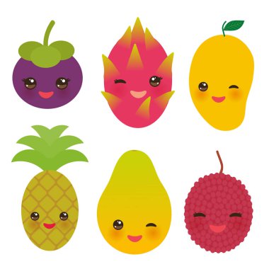 şirin komik kawaii egzotik meyve Mangosteen ananas papaya dragon meyve mango lychee beyaz izole. Vektör çizim