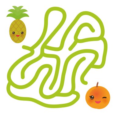 Şeftali ve ananas kawaii komik meyve, beyaz arka plan üzerinde pastel renkler. labirent okul öncesi çocuklar için oyun. Vektör çizim