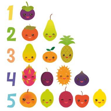 Yazdırılabilir flash kart numaraları için okul öncesi anaokulu için kawaii meyve armut Mangosteen mandalina papaya Trabzon hurması kireç kayısı dragon meyve incir mango şeftali limon lychee elma kiwano çocuklar. Vektör çizim