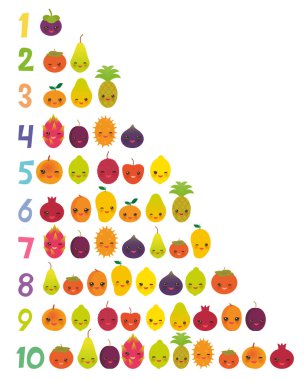 Yazdırılabilir flash kart numaraları için okul öncesi anaokulu için kawaii meyve armut Mangosteen mandalina ananas papaya Trabzon hurması nar dragon meyve incir mango limon lychee elma kiwano çocuklar. Vektör çizim