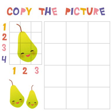 Kılavuz, eğitim çocuklar için oyun ile mantis resmi kopyalayın. Beyaz arka plan üzerinde izole oyun yeşil armut öğrenme çocuklar. Vektör çizim