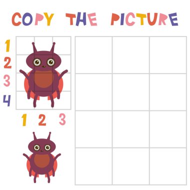 Kılavuz, eğitim çocuklar için oyun ile böcek uğur böceği resmi kopyalayın. Çocuklar oyun böcekler beyaz arka plan üzerinde izole öğrenme. Vektör çizim