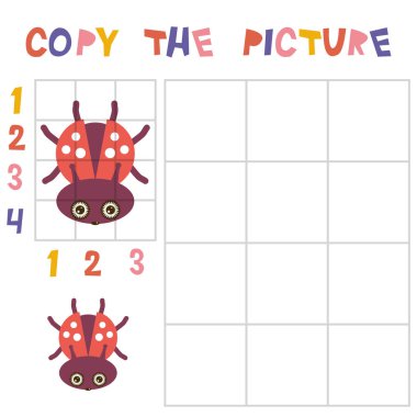 Kılavuz, eğitim çocuklar için oyun ile böcek uğur böceği resmi kopyalayın. Çocuklar oyun böcekler beyaz arka plan üzerinde izole öğrenme. Vektör çizim