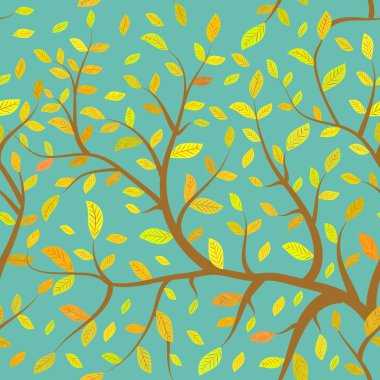 Dikişsiz desen kahverengi ile turuncu sarı yapraklar, mavi gökyüzü arka plan üzerinde pastel renkler sonbahar dalları. Vektör çizim
