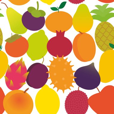 Dikişsiz desen olgun sulu meyve armut Mangosteen mandalina ananas papaya Trabzon hurması nar kayısı Erik dragon meyve incir mango şeftali limon lychee elma kiwano beyaz izole limon. Vektör çizim