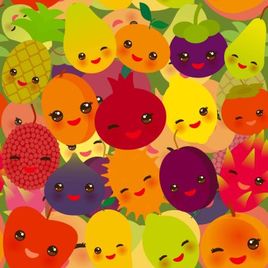 Dikişsiz desen komik kawaii meyve armut Mangosteen mandalina ananas papaya Trabzon hurması Nar Kireç kayısı Erik dragon meyve incir mango şeftali limon lychee elma kiwano. Vektör çizim