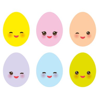Mutlu paskalya tebrik kartı tasarımı. Kawaii renkli mavi yeşil turuncu pembe sarı yumurta pembe yanaklar ve kırpışan gözleri, pastel renkler beyaz arka plan üzerinde ayarlayın. Vektör çizim