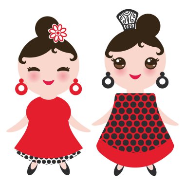 İspanyolca kadın flamenko dansçısı. Kawaii sevimli yüzü pembe yanaklar ve kırpışan gözleri. Çingene kız, kırmızı siyah beyaz elbise, puantiyeli kumaş, beyaz arka plan üzerinde göl kenarında. Vektör çizim