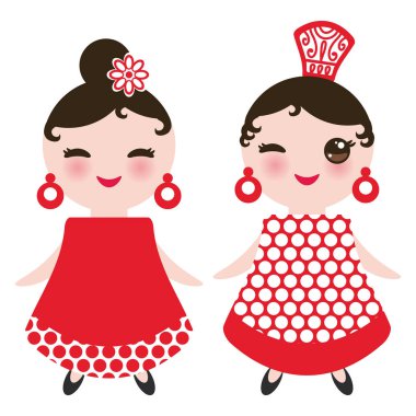 İspanyolca kadın flamenko dansçısı. Kawaii sevimli yüzü pembe yanaklar ve kırpışan gözleri. Çingene kız, kırmızı siyah beyaz elbise, puantiyeli kumaş, beyaz arka plan üzerinde göl kenarında. Vektör çizim