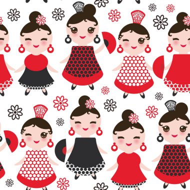 Dikişsiz desen İspanyol kadın flamenko dansçısı. Kawaii sevimli yüzü pembe yanaklar ve kırpışan gözleri. Çingene kız, kırmızı siyah beyaz elbise, puantiyeli kumaş, beyaz arka plan üzerinde göl kenarında. Vektör çizim