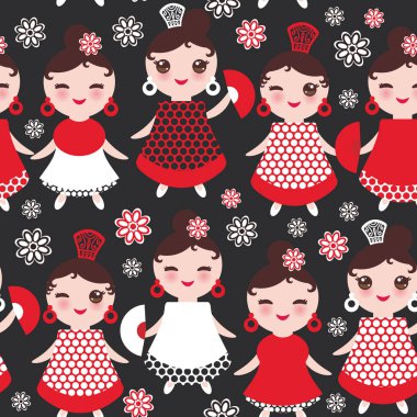 Dikişsiz desen İspanyol kadın flamenko dansçısı. Kawaii sevimli yüzü pembe yanaklar ve kırpışan gözleri. Çingene kız, kırmızı siyah beyaz elbise, siyah arka plan üzerine puantiyeli kumaş. Vektör çizim