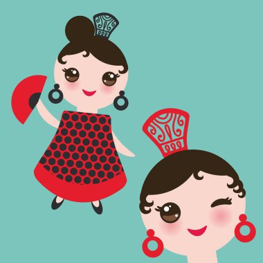 İspanyol Flamenko dansçısı kart tasarımı, banner şablon. Kadın Kawaii sevimli yüzü pembe yanakları. Çingene kız, kırmızı siyah elbise, puantiyeli kumaş, mavi arka plan afiş şablon, kart tasarımı. Vektör çizim