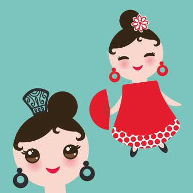 İspanyol Flamenko dansçısı kart tasarımı, banner şablon. Kadın Kawaii sevimli yüzü pembe yanakları. Çingene kız, kırmızı elbise, puantiyeli kumaş, mavi arka plan afiş şablon, kart tasarımı. Vektör çizim