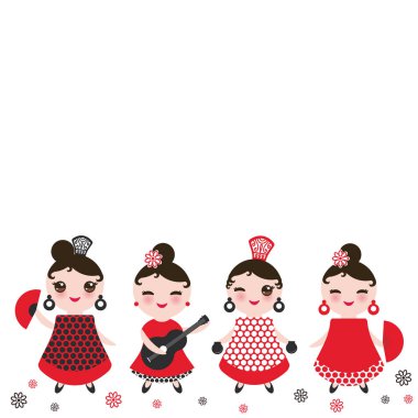 İspanyolca kadın flamenko dansçısı. Kawaii sevimli yüzü pembe yanaklar ve kırpışan gözleri. Çingene kız, kırmızı siyah beyaz elbise, puantiyeli kumaş, beyaz arka plan üzerinde göl kenarında. Vektör çizim