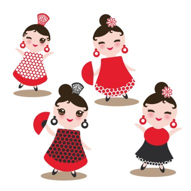 İspanyolca kadın flamenko dansçısı. Kawaii sevimli yüzü pembe yanaklar ve kırpışan gözleri. Çingene kız, kırmızı siyah beyaz elbise, puantiyeli kumaş, beyaz arka plan üzerinde göl kenarında. Vektör çizim