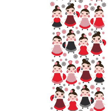 İspanyol kadın flamenko dansçısı. Kawaii sevimli yüzü pembe yanaklar ve kırpışan gözleri. Çingene kız, kırmızı siyah elbise, puantiyeli kumaş, beyaz arka plan afiş şablonunda, kart tasarımı. Vektör çizim