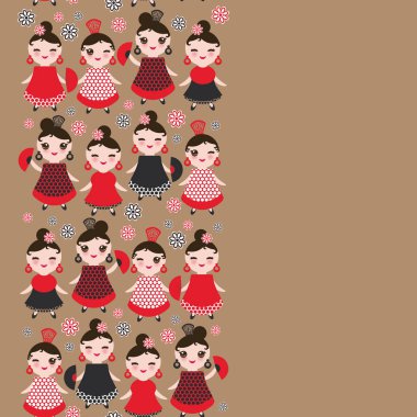 İspanyol kadın flamenko dansçısı. Kawaii sevimli yüzü pembe yanaklar ve kırpışan gözleri. Çingene kız, kırmızı siyah elbise, puantiyeli kumaş, açık kahverengi renkli afiş şablonunda, kart tasarımı. Vektör çizim