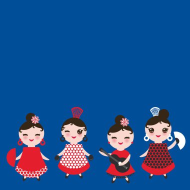 İspanyolca kadın flamenko dansçısı kart tasarımı, banner şablon. Kawaii sevimli yüzü pembe yanaklar ve kırpışan gözleri. Çingene kız, kırmızı siyah beyaz elbise, puantiyeli kumaş, darck mavi zemin üzerine. Vektör çizim