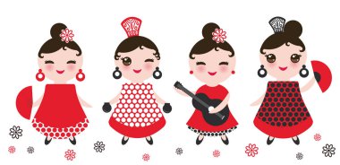 İspanyolca kadın flamenko dansçısı. Kawaii sevimli yüzü pembe yanaklar ve kırpışan gözleri. Çingene kız, kırmızı siyah beyaz elbise, puantiyeli kumaş, beyaz arka plan üzerinde göl kenarında. Vektör çizim