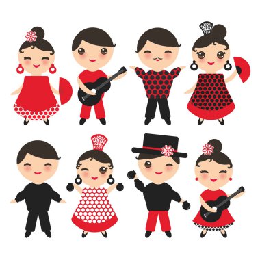 İspanyol Flamenko dansçısı. Kawaii sevimli yüzü pembe yanaklar ve kırpışan gözleri. Çingene kız ve erkek, kırmızı siyah beyaz elbise, puantiyeli kumaş, beyaz arka plan üzerinde göl kenarında. Vektör çizim