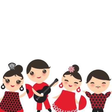 Spanish flamenco dancer card design, banner template. Kawaii cute face with pink cheeks winking eyes. Gipsy girl and boy, red black white dress, polka dot fabric, Isolated on white background. Vector illustration