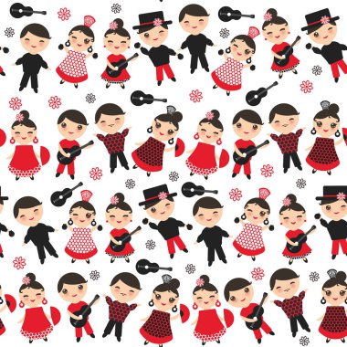 Dikişsiz desen İspanyol Flamenko dansçısı. Kawaii sevimli yüzü pembe yanakları kırpışan gözler. Çingene kız ve erkek, kırmızı siyah elbise, puantiyeli kumaş, beyaz arka plan üzerinde. Tekstil baskı, web sayfası dolgu. Vektör çizim