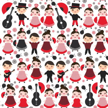 Dikişsiz desen İspanyol Flamenko dansçısı. Kawaii sevimli yüzü pembe yanaklar ve kırpışan gözleri. Çingene kız ve erkek, kırmızı siyah beyaz elbise, puantiyeli kumaş, beyaz arka plan üzerinde göl kenarında. Vektör çizim