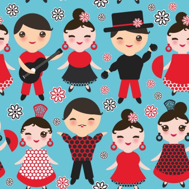 Dikişsiz desen İspanyol Flamenko dansçısı. Kawaii sevimli yüzü pembe yanaklar ve kırpışan gözleri. Çingene kız ve erkek, kırmızı siyah beyaz elbise, puantiyeli kumaş, mavi arka plan üzerinde. Vektör çizim
