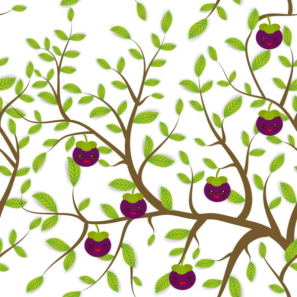 Patrón Sin Costuras Ramas Marrones Con Hojas Verdes Mangostán Frutas — Archivo Imágenes Vectoriales