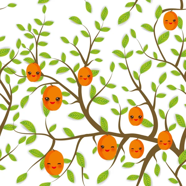 Seamless Pattern Brown Branches Green Leaves Peach Apricot Fruits Kawaii — Stok Vektör