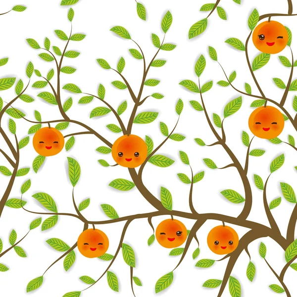 Seamless Pattern Brown Branches Green Leaves Peach Apricot Fruits Kawaii — Stock Vector