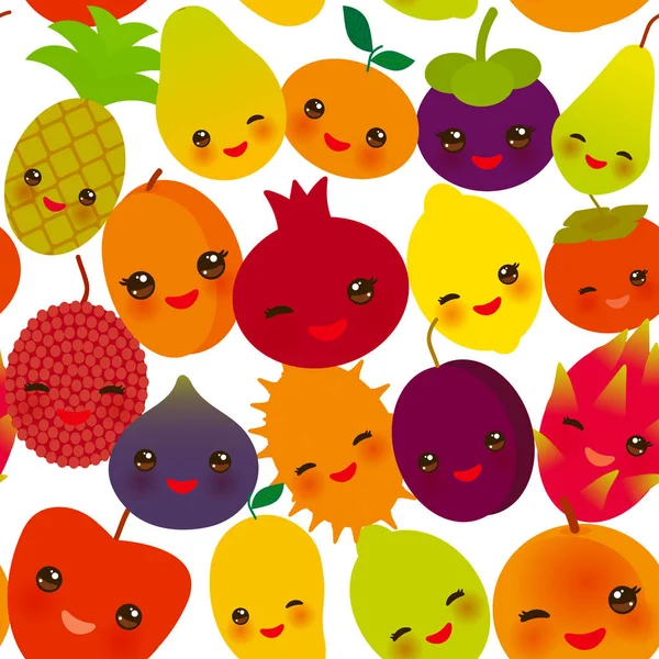 Seamless Mönster Roliga Kawaii Frukt Päron Mangostan Tangerine Ananas Papaya — Stock vektor