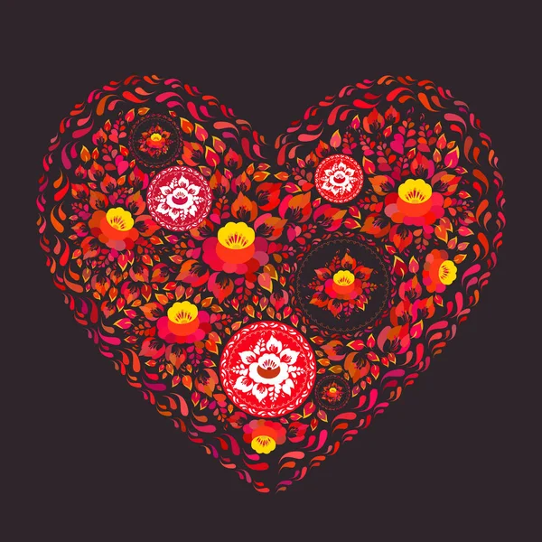 Alla Hjärtans Dag Kort Hjärta Gjord Röd Orange Blommor Svart — Stock vektor