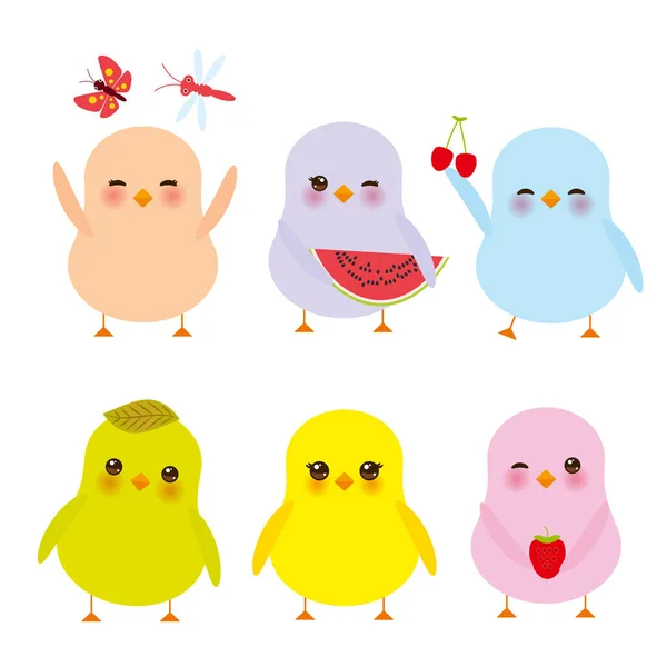 Poussin Kawaii Coloré Bleu Vert Orange Rose Jaune Avec Les — Image vectorielle