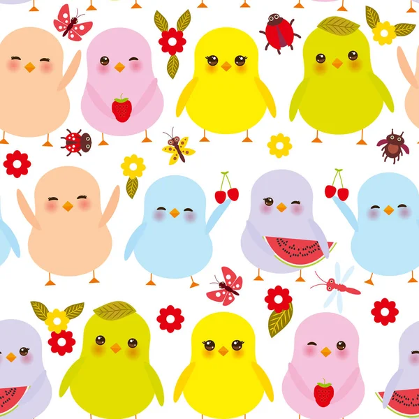 Seamless Pattern Kawaii Colorful Blue Green Orange Pink Yellow Chick — Stock Vector