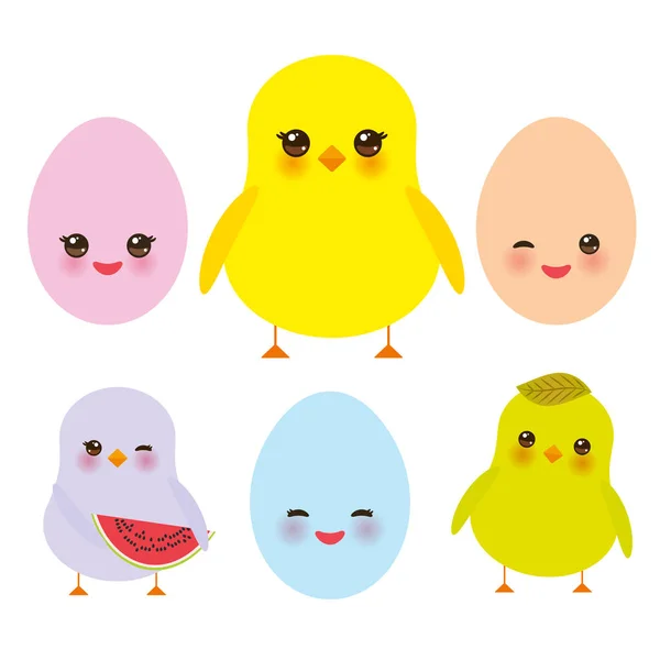 川井五颜六色的蓝色绿色橙色橙色黄色鸡蛋和小鸡与粉红色的脸颊和眨眼的眼睛 柔和的颜色在白色的背景 向量例证 — 图库矢量图片