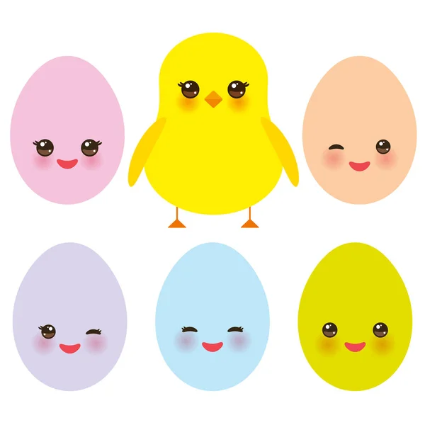 川井五颜六色的蓝色绿色橙色橙色黄色鸡蛋和小鸡与粉红色的脸颊和眨眼的眼睛 柔和的颜色在白色的背景 向量例证 — 图库矢量图片