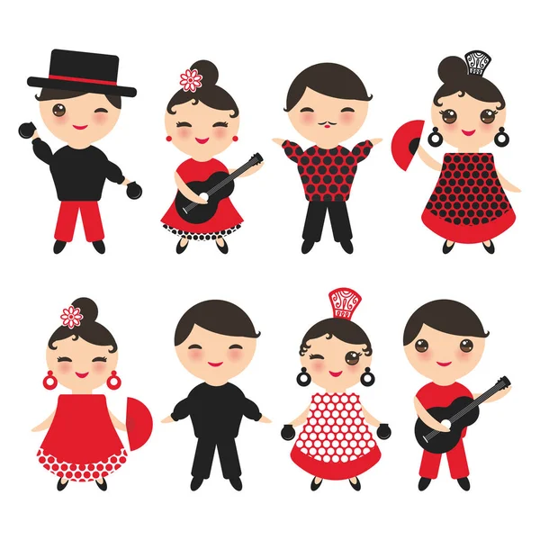 Spanish Flamenco Dancer Set Kawaii Cute Face Pink Cheeks Winking — Stock Vector